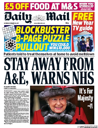 Daily Mail Newspaper Front Page (UK) for 26 December 2015
