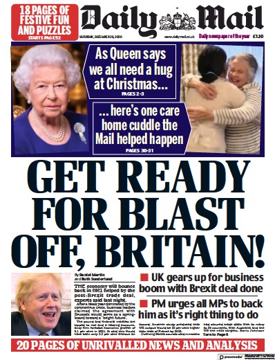 Daily Mail Newspaper Front Page (UK) for 26 December 2020