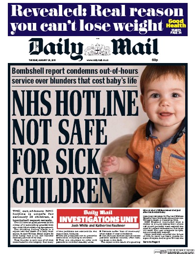 Daily Mail Newspaper Front Page (UK) for 26 January 2016