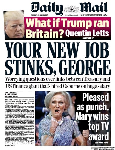 Daily Mail Newspaper Front Page (UK) for 26 January 2017
