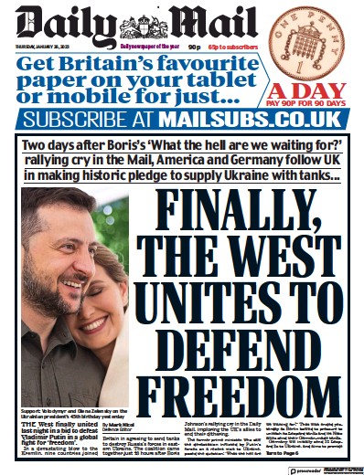 Daily Mail Newspaper Front Page (UK) for 26 January 2023