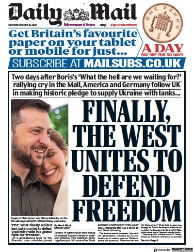 Daily Mail Newspaper Front Page (UK) for 26 January 2023