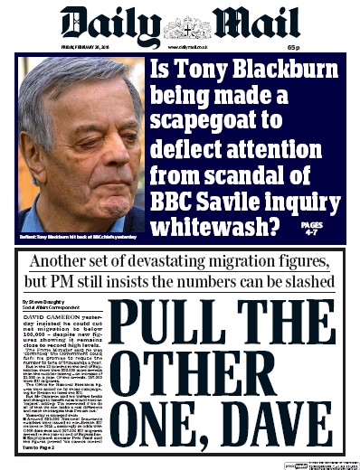 Daily Mail Newspaper Front Page (UK) for 26 February 2016