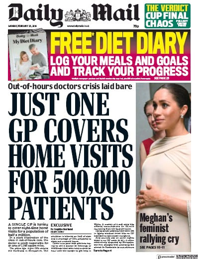 Daily Mail Newspaper Front Page (UK) for 26 February 2019