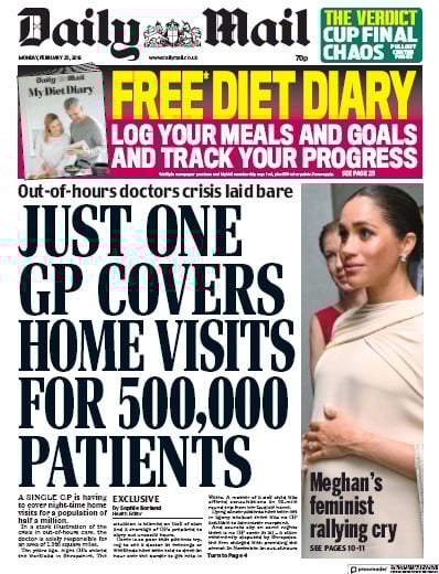Daily Mail Newspaper Front Page (UK) for 26 February 2019