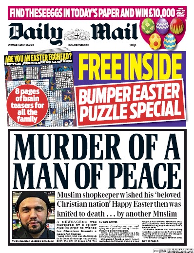 Daily Mail Newspaper Front Page (UK) for 26 March 2016