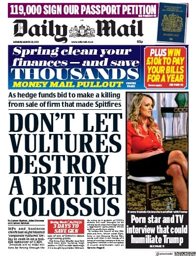 Daily Mail Newspaper Front Page (UK) for 26 March 2018