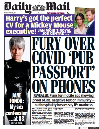 Daily Mail Newspaper Front Page (UK) for 26 March 2021