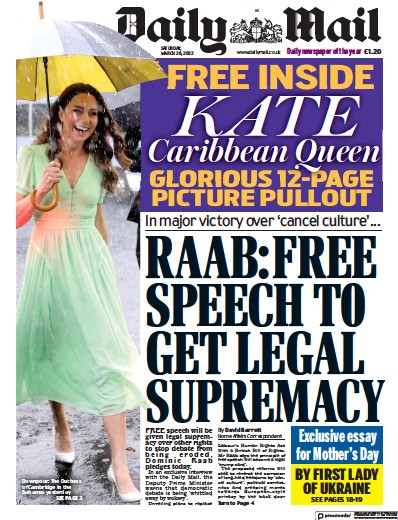 Daily Mail Newspaper Front Page (UK) for 26 March 2022