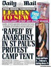 Daily Mail (UK) Newspaper Front Page for 26 April 2013