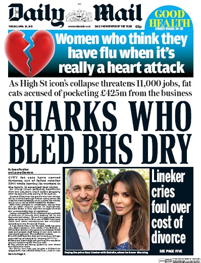Daily Mail Newspaper Front Page (UK) for 26 April 2016