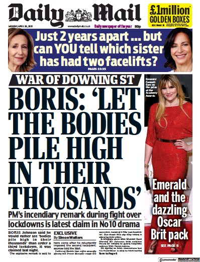 Daily Mail Newspaper Front Page (UK) for 26 April 2021
