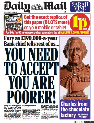 Daily Mail Newspaper Front Page (UK) for 26 April 2023