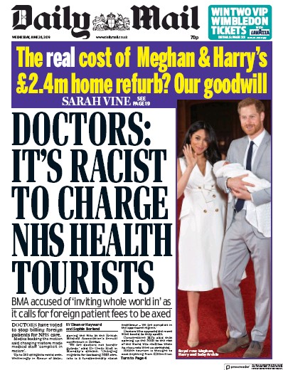 Daily Mail Newspaper Front Page (UK) for 26 June 2019