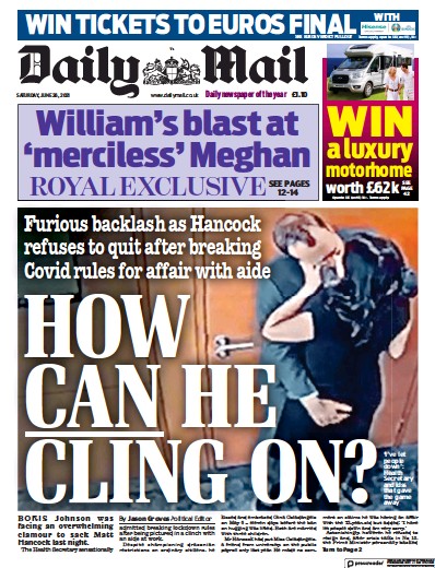 Daily Mail Newspaper Front Page (UK) for 26 June 2021