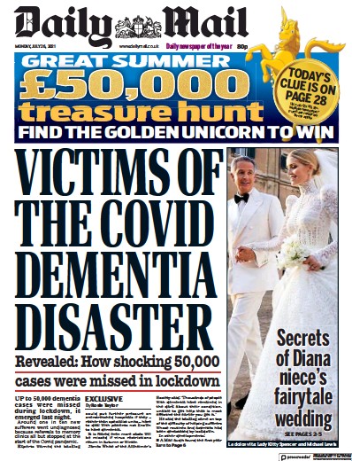Daily Mail Newspaper Front Page (UK) for 26 July 2021