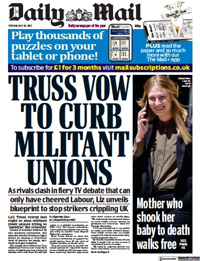 Daily Mail Newspaper Front Page (UK) for 26 July 2022