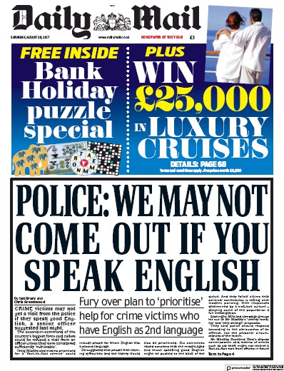 Daily Mail Newspaper Front Page (UK) for 26 August 2017