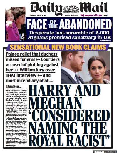 Daily Mail Newspaper Front Page (UK) for 26 August 2021