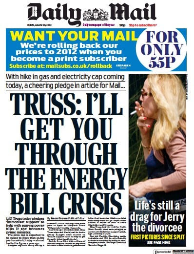 Daily Mail Newspaper Front Page (UK) for 26 August 2022