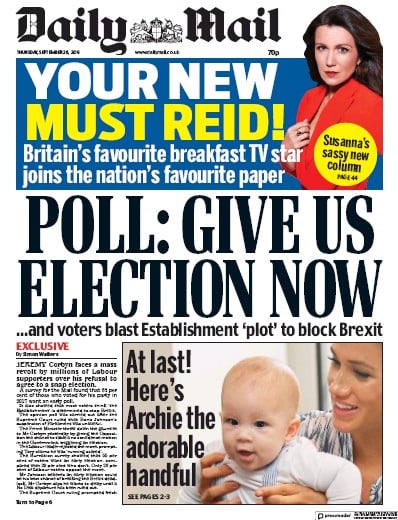 Daily Mail Newspaper Front Page (UK) for 26 September 2019