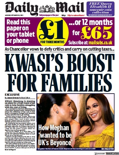 Daily Mail Newspaper Front Page (UK) for 26 September 2022
