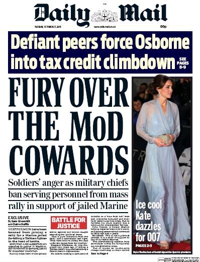 Daily Mail Newspaper Front Page (UK) for 27 October 2015