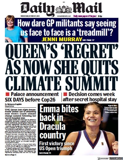 Daily Mail Newspaper Front Page (UK) for 27 October 2021
