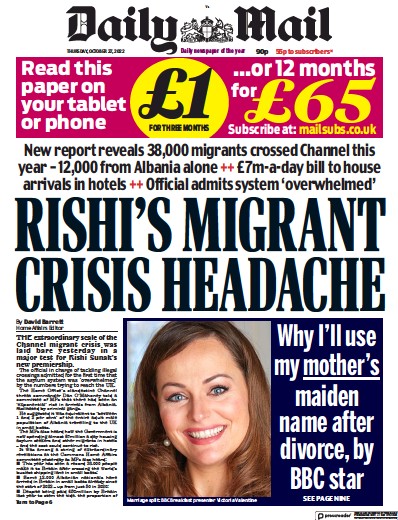 Daily Mail Newspaper Front Page (UK) for 27 October 2022
