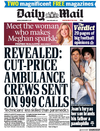 Daily Mail Newspaper Front Page (UK) for 27 November 2017