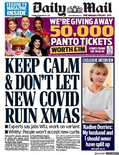 Daily Mail Newspaper Front Page (UK) for 27 November 2021