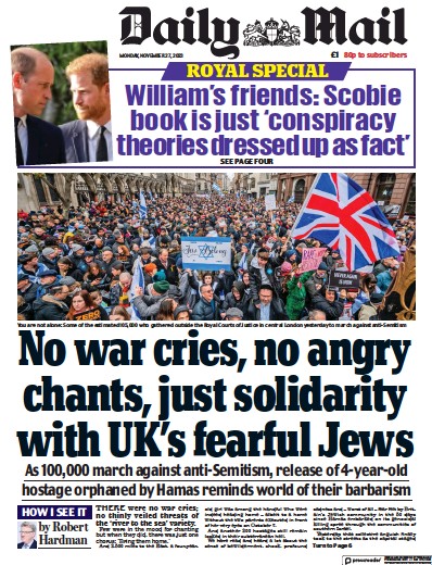 Daily Mail Newspaper Front Page (UK) for 27 November 2023