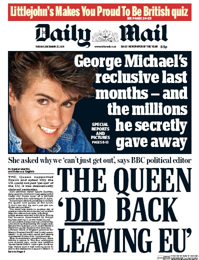 Daily Mail Newspaper Front Page (UK) for 27 December 2016