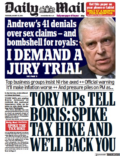 Daily Mail Newspaper Front Page (UK) for 27 January 2022