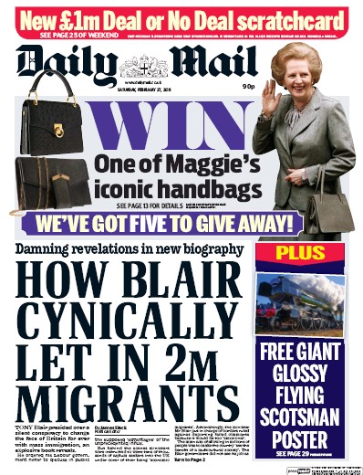 Daily Mail Newspaper Front Page (UK) for 27 February 2016