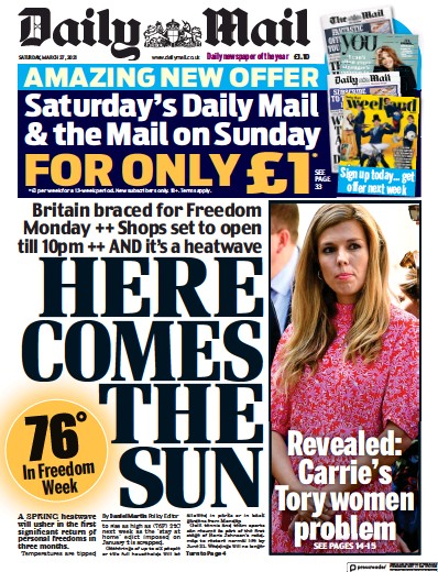 Daily Mail Newspaper Front Page (UK) for 27 March 2021