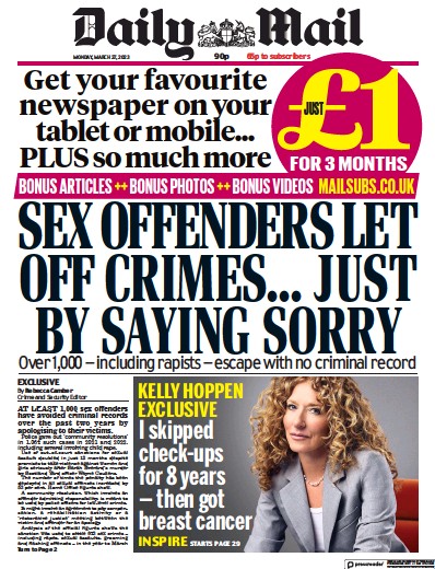 Daily Mail Newspaper Front Page (UK) for 27 March 2023