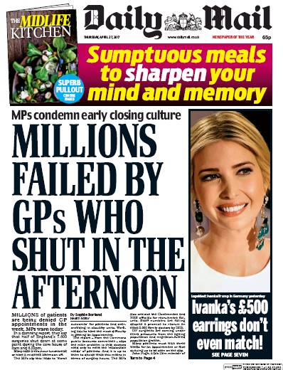 Daily Mail Newspaper Front Page (UK) for 27 April 2017