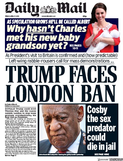 Daily Mail Newspaper Front Page (UK) for 27 April 2018