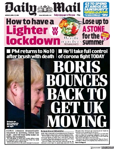 Daily Mail Newspaper Front Page (UK) for 27 April 2020