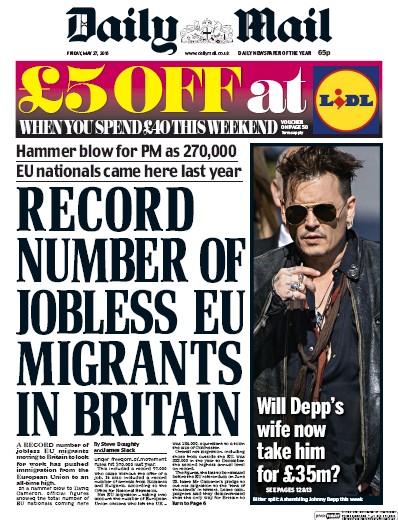 Daily Mail Newspaper Front Page (UK) for 27 May 2016