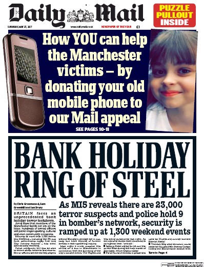 Daily Mail Newspaper Front Page (UK) for 27 May 2017