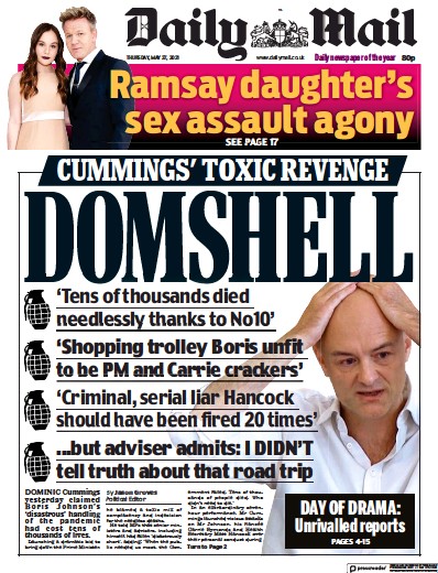 Daily Mail Newspaper Front Page (UK) for 27 May 2021