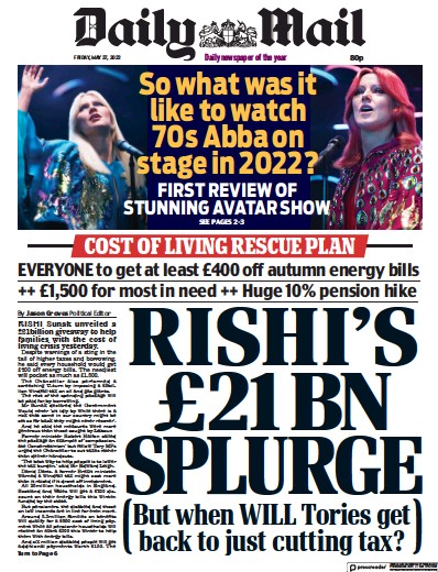 Daily Mail Newspaper Front Page (UK) for 27 May 2022