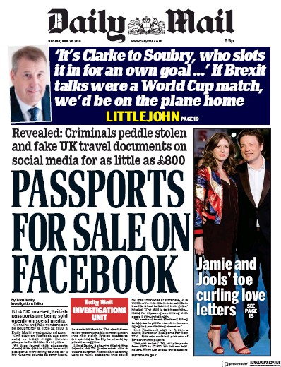 Daily Mail Newspaper Front Page (UK) for 27 June 2018