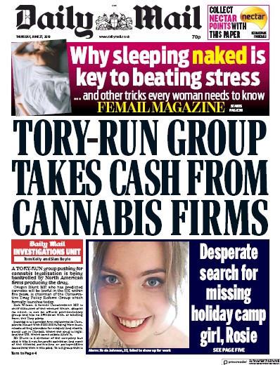 Daily Mail Newspaper Front Page (UK) for 27 June 2019