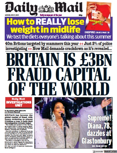 Daily Mail Newspaper Front Page (UK) for 27 June 2022