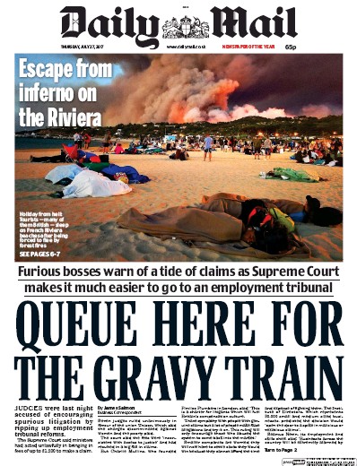 Daily Mail Newspaper Front Page (UK) for 27 July 2017