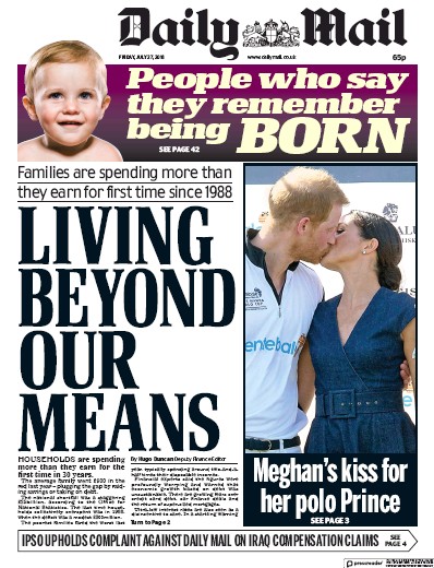 Daily Mail Newspaper Front Page (UK) for 27 July 2018