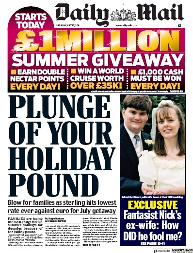 Daily Mail Newspaper Front Page (UK) for 27 July 2019